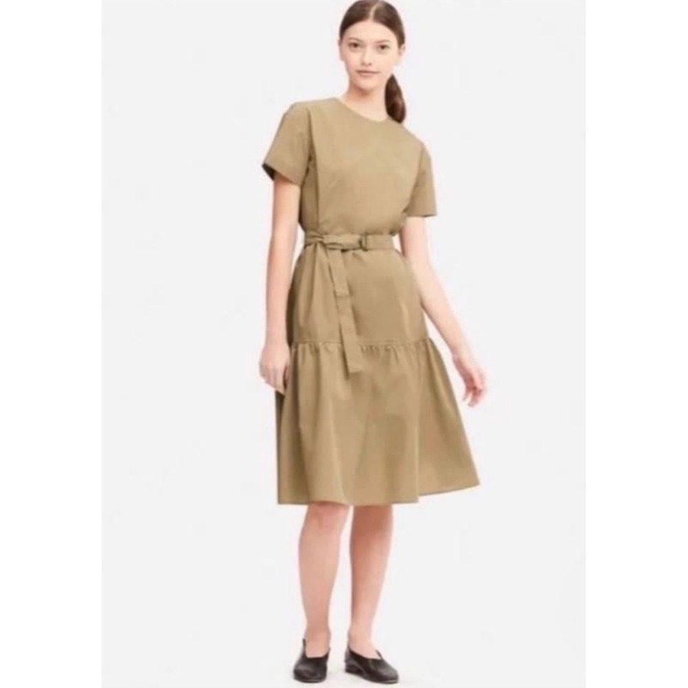 Uniqlo Womens Khaki Tan Tiered Belted Short Sleeve Midi Dress Cotton Blend L - Picture 1 of 2